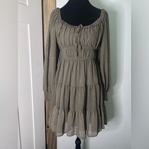 Olive Tiered Long-Sleeve Mini Dress Gold Metallic Stars Whimsigoth Fairy Boho